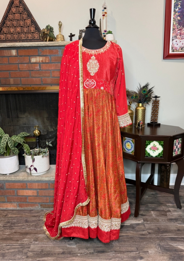 Orange Handwork Crepe Anarkali Suit